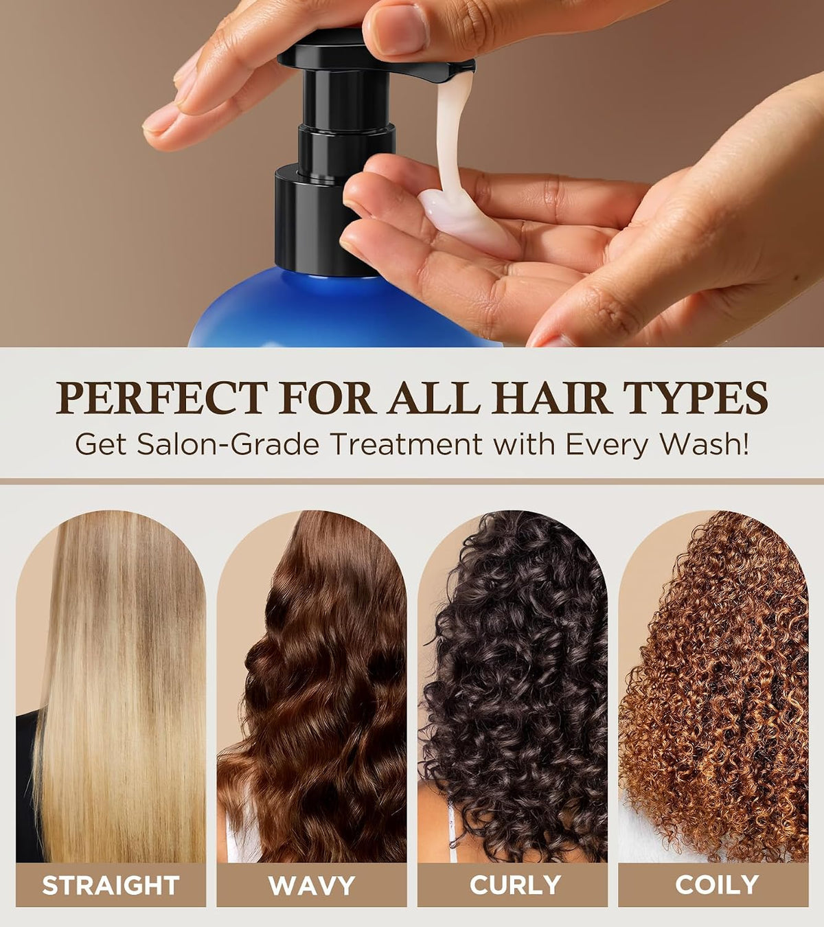 Biotin shampoo pump application with hair-type chart for straight, wavy, curly, coily
