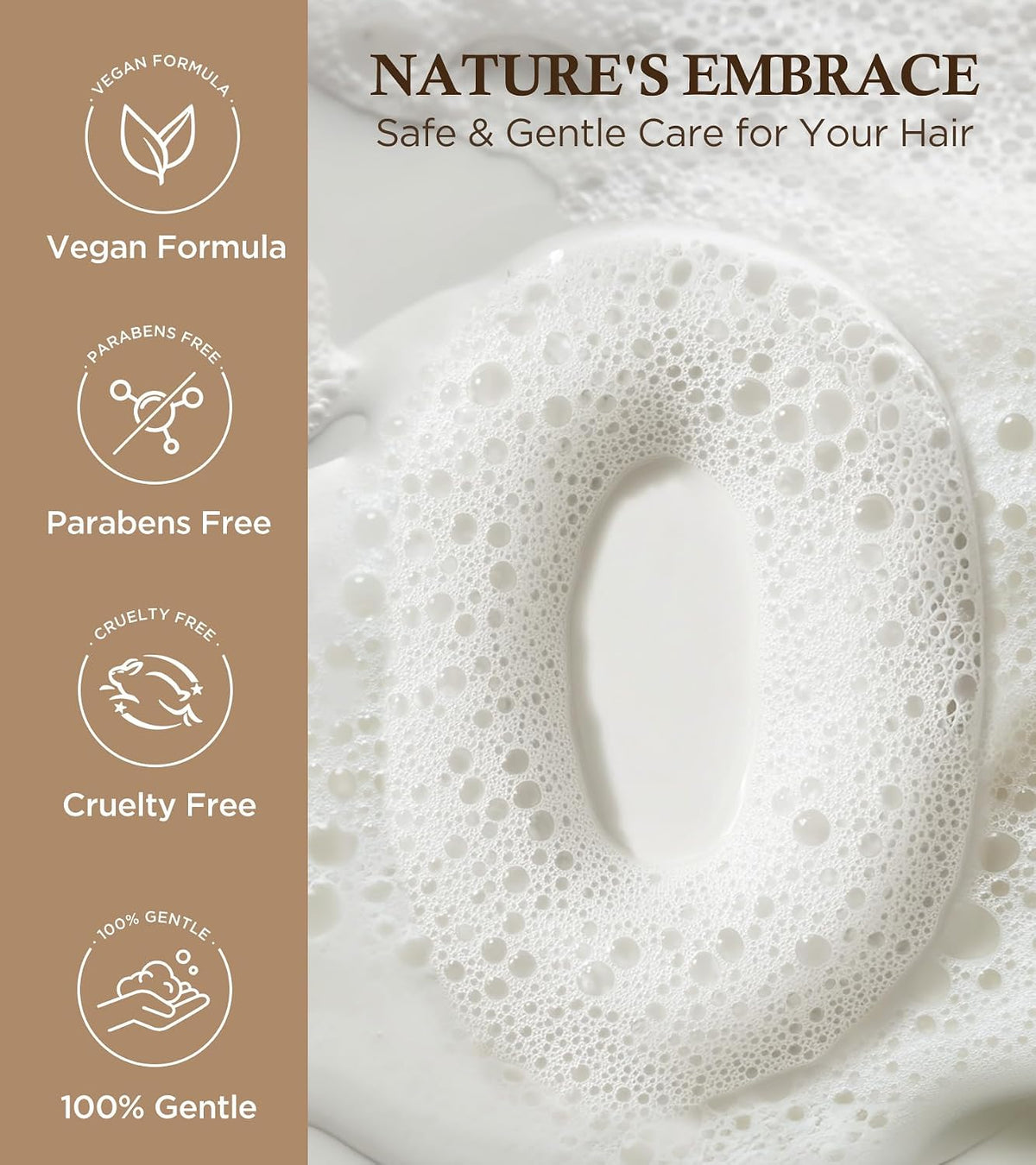 Foaming biotin shampoo with vegan, paraben-free, cruelty-free, gentle care icons