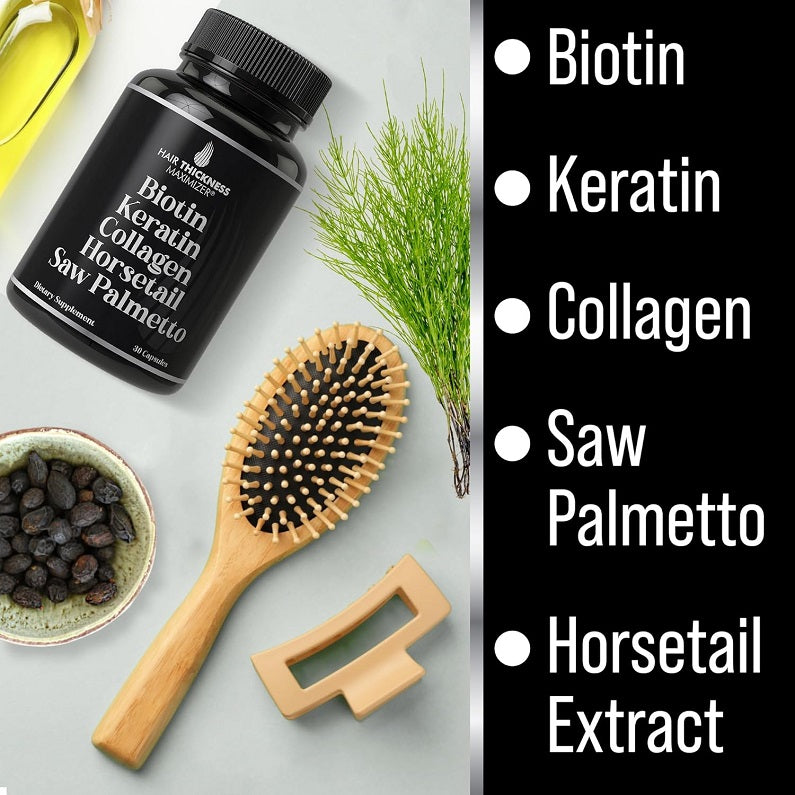 Hair growth supplement bottle with biotin, keratin, collagen, saw palmetto, horsetail extract
