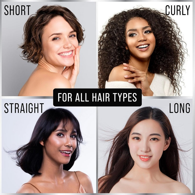 Hair growth vitamins for all hair types collage, models with straight, curly, short and long hair