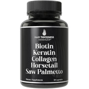 Hair growth supplement bottle with black label, Biotin Keratin Collagen, 30 capsules