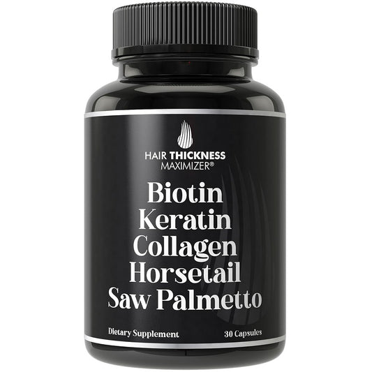 Hair growth supplement bottle with black label, Biotin Keratin Collagen, 30 capsules