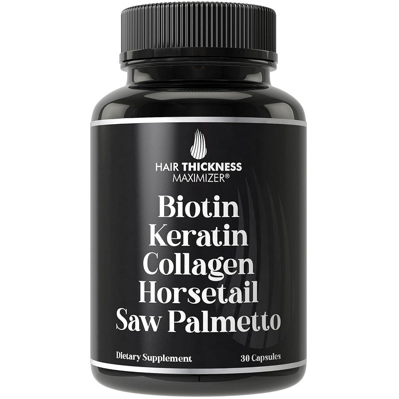 Hair growth supplement bottle with black label, Biotin Keratin Collagen, 30 capsules