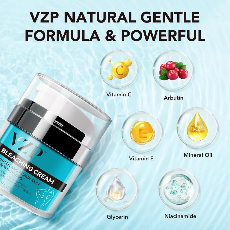 VZP bleaching cream jar with pump-style cap, turquoise label and ingredient icons