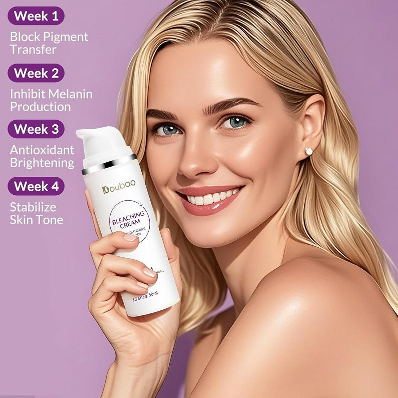 Doubao bleaching cream skin lightening, held in hand with white pump bottle
