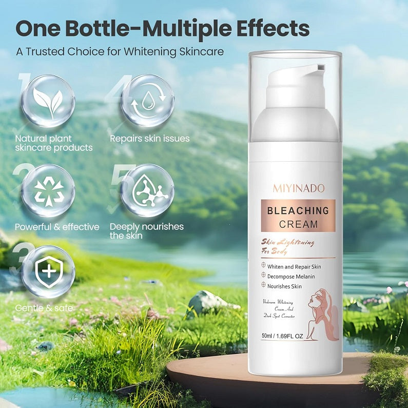 Bleaching cream bottle with white cap and 'Bleaching Cream' label