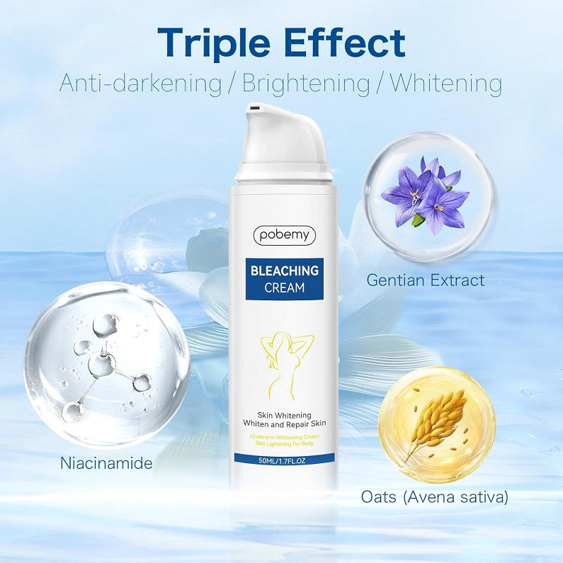 Pobemy bleaching cream bottle with blue label and pump cap, 50 ml