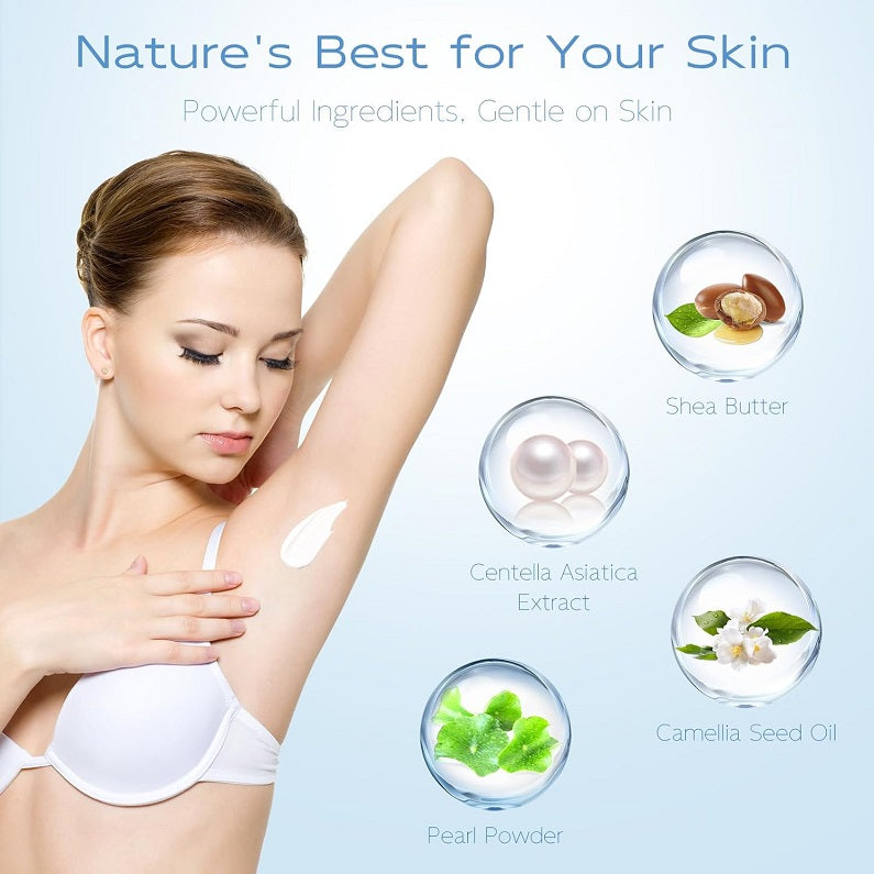 Skin lightening bleaching cream applied to arm, with ingredient icons