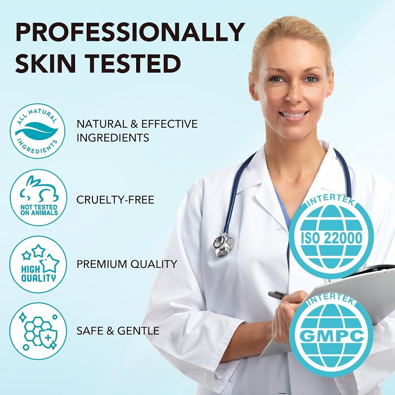 Skin bleaching cream promotional image with smiling doctor and quality certification badges