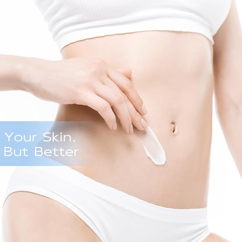 Skin lightening bleaching cream dabbed on abdomen by hand