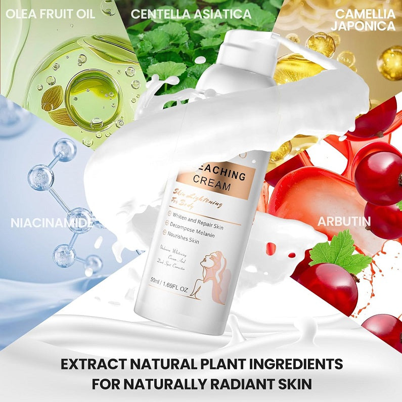Bleaching cream bottle with white cap and label, with ingredient graphics