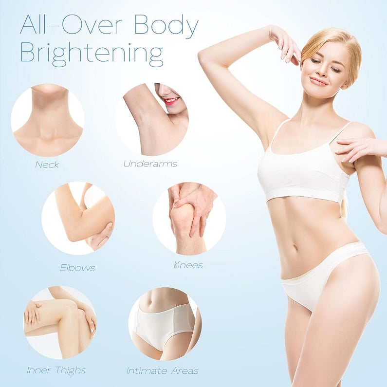 Skin lightening bleaching cream for all-over body, woman applying cream