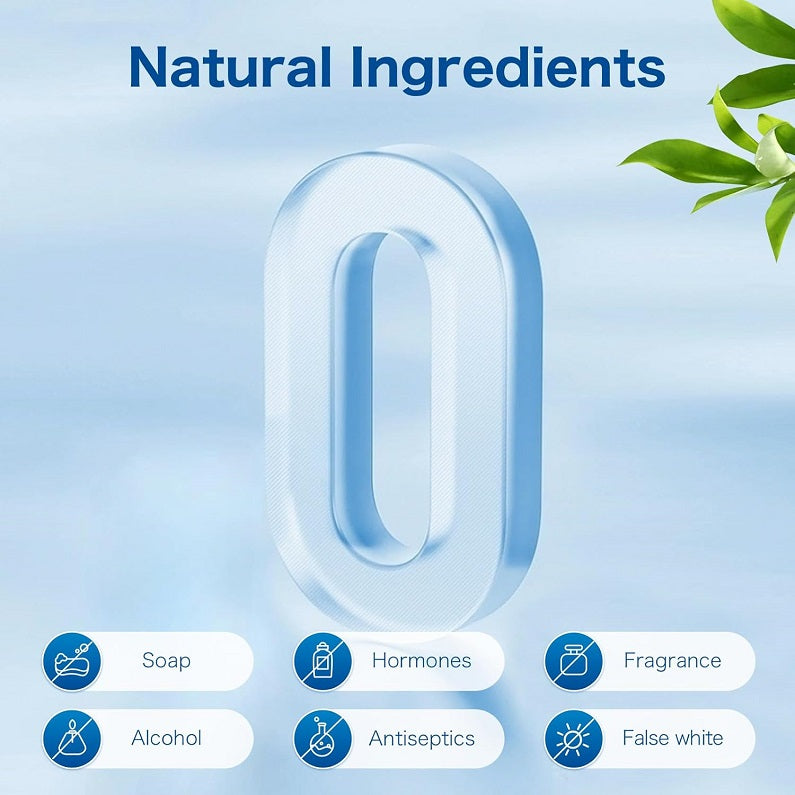 Skincare ingredient icons showing no soap, hormones, fragrance, alcohol, antiseptics, false white