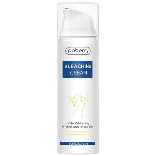 Pobemy bleaching cream bottle, white with blue label and pump cap, 50 ml