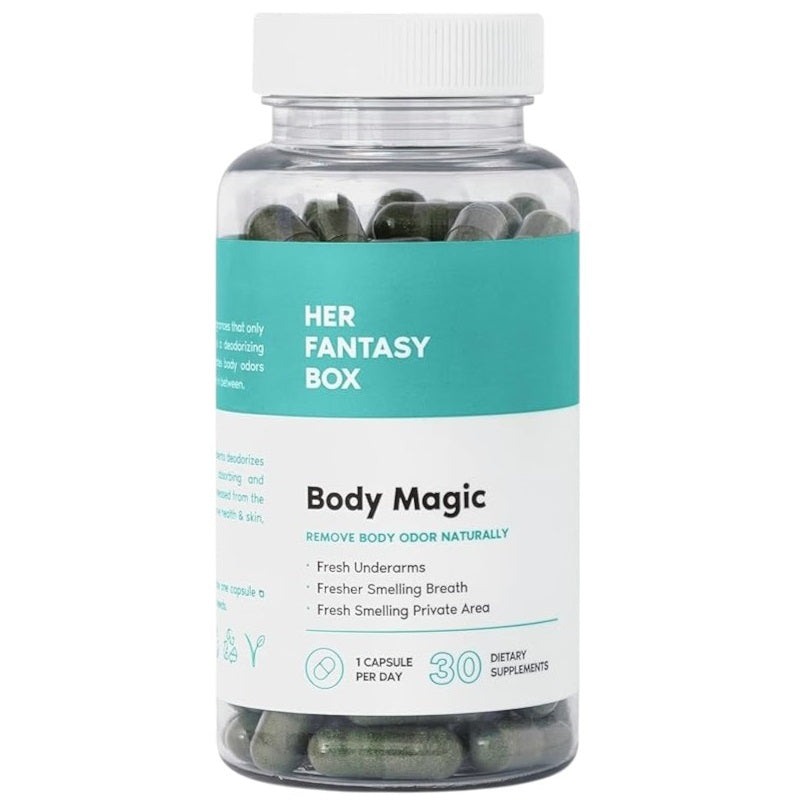 Her Fantasy Box chlorophyll body magic capsules, 200 mg bottle with green label