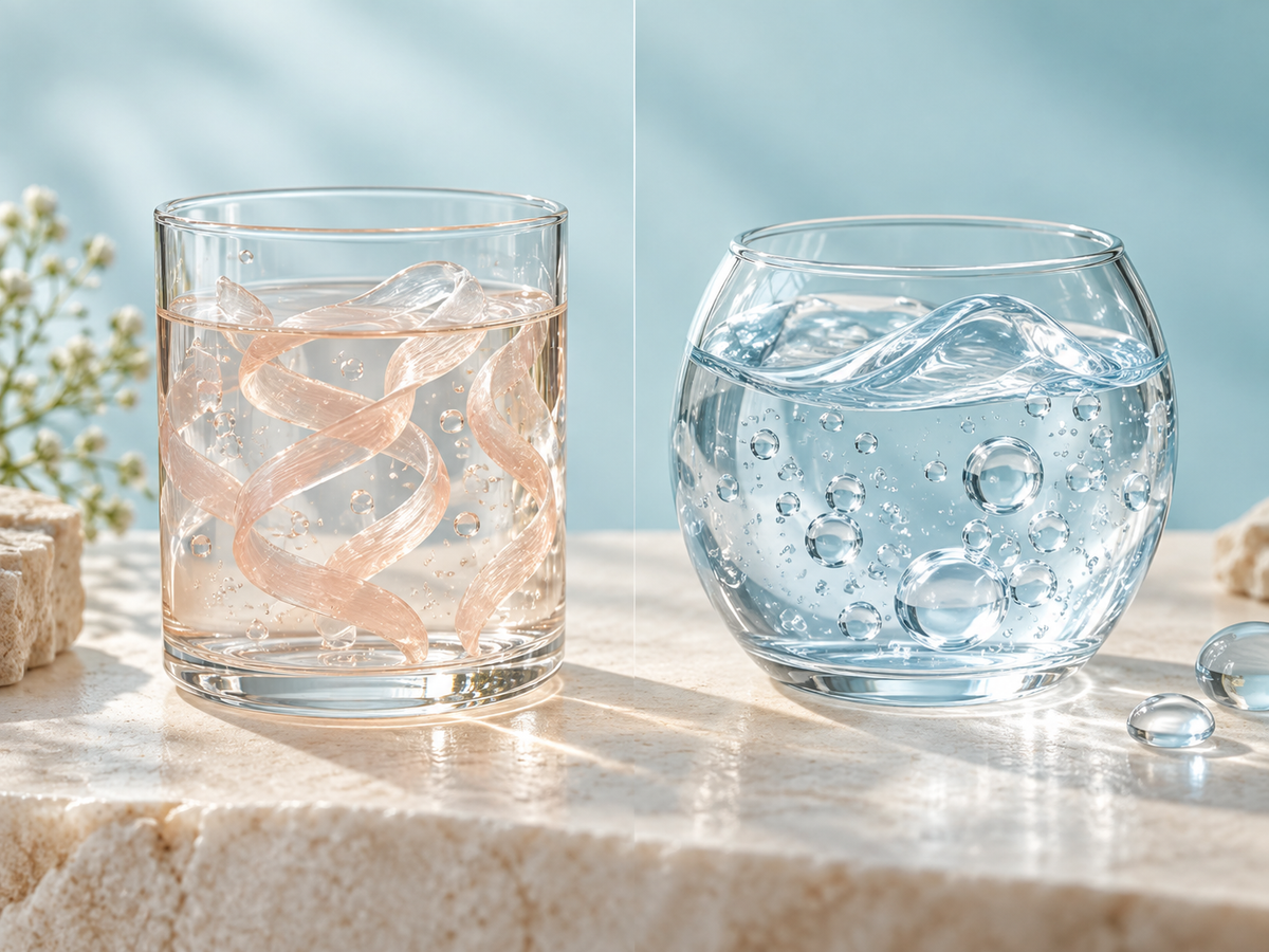Editorial comparison of collagen-inspired ribbons and water-like hyaluronic gel