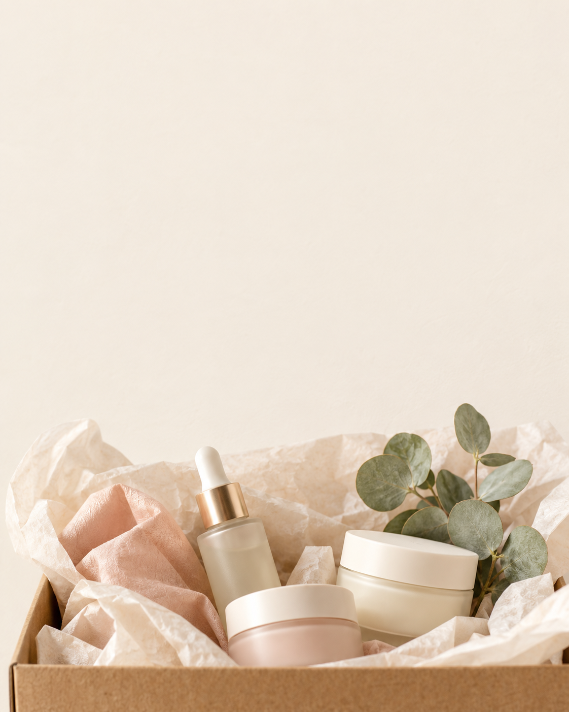 Skincare products in a tissue lined parcel beneath a clear warm cream background