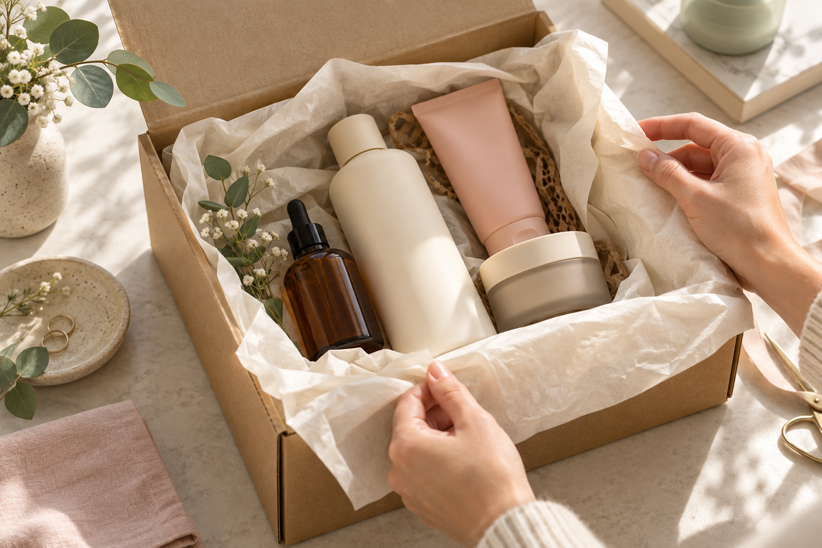 Illustrative haircare and skincare parcel with unbranded products in tissue paper