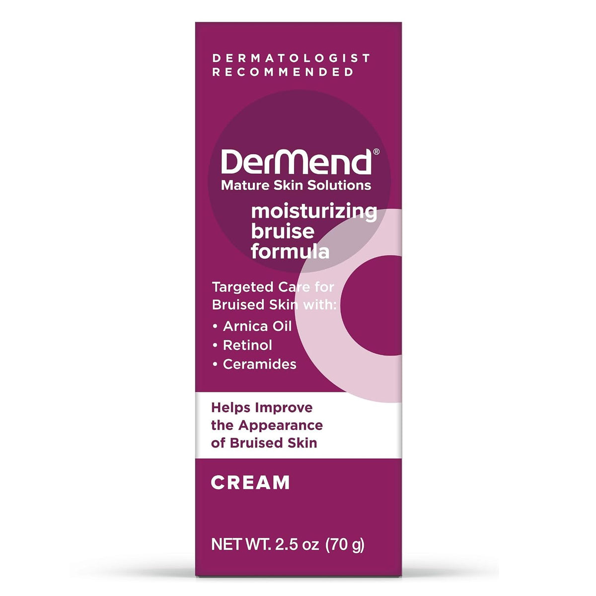 DerMend moisturizing bruise formula cream box, purple packaging, net wt 70 g