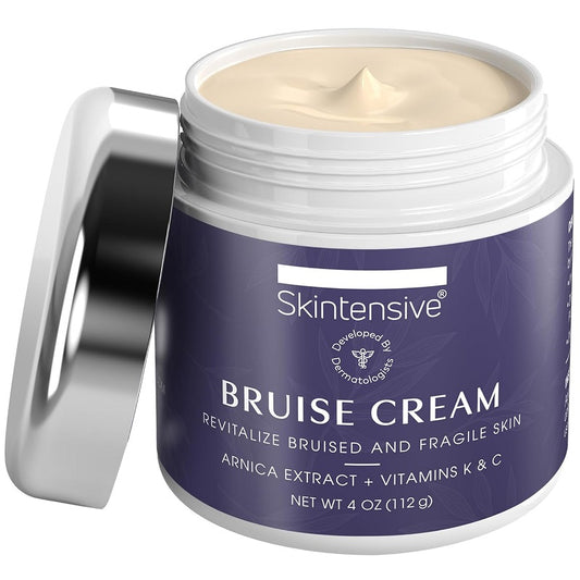 Skinsensitive bruise cream jar with silver lid and pale cream inside