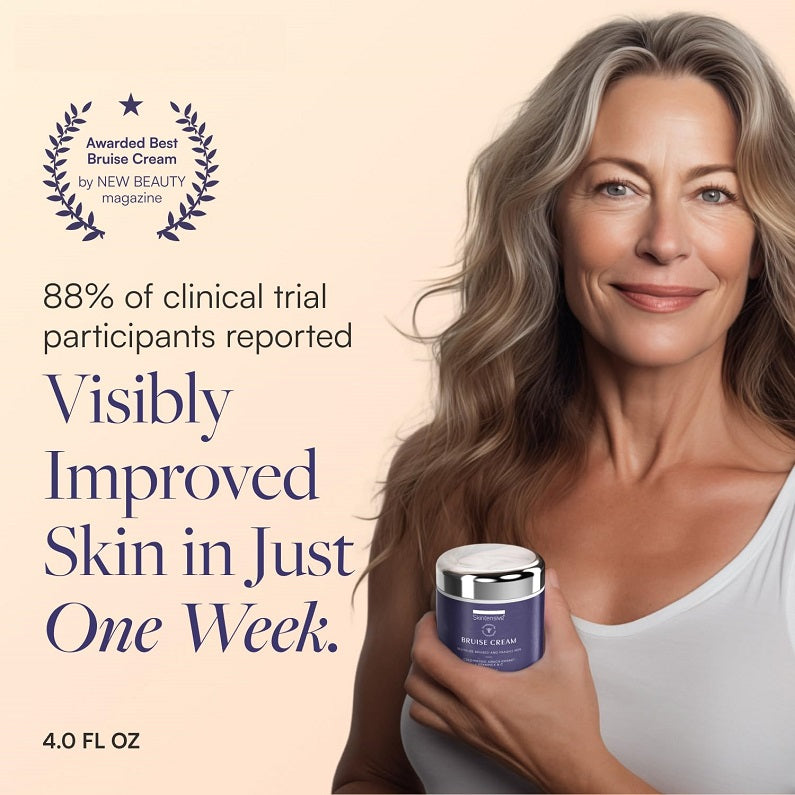 Skinsensitive bruise cream jar held by a smiling woman with silver lid