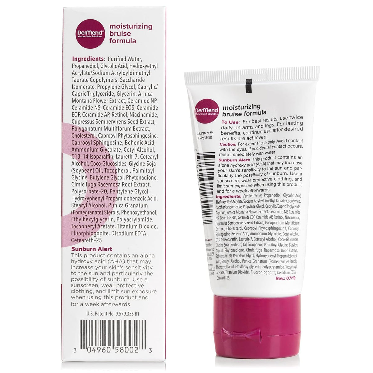 DerMend moisturizing bruise formula ingredients panel and cream tube, net wt 70 g