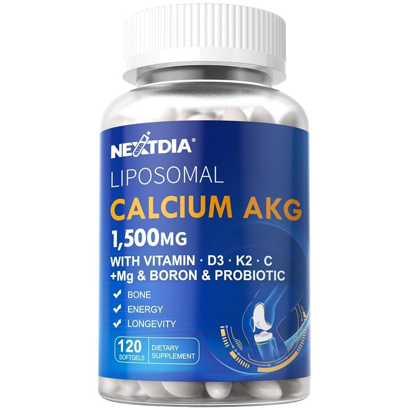 Liposomal calcium AKG supplement bottle with vitamin D3 and K2, 120 softgels