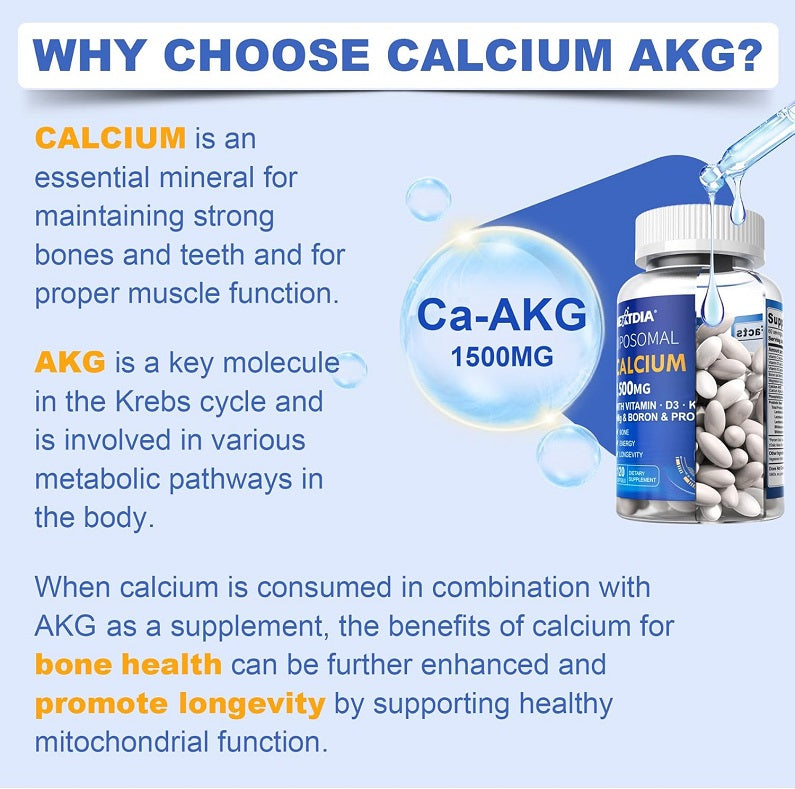 Calcium AKG supplement information panel with bottle shown at the right