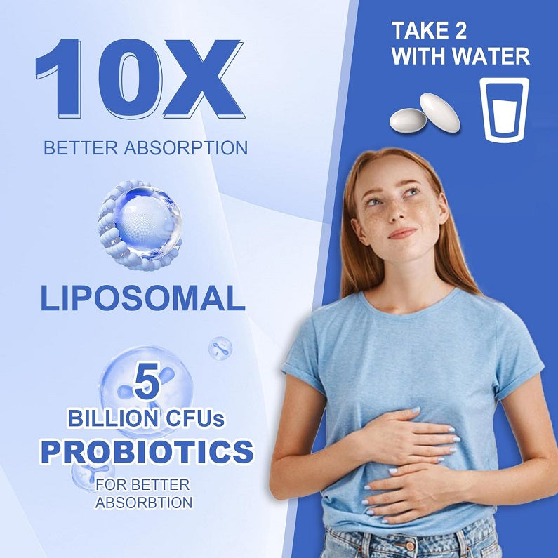 Liposomal calcium AKG supplement advertising panel with woman and 10x graphic