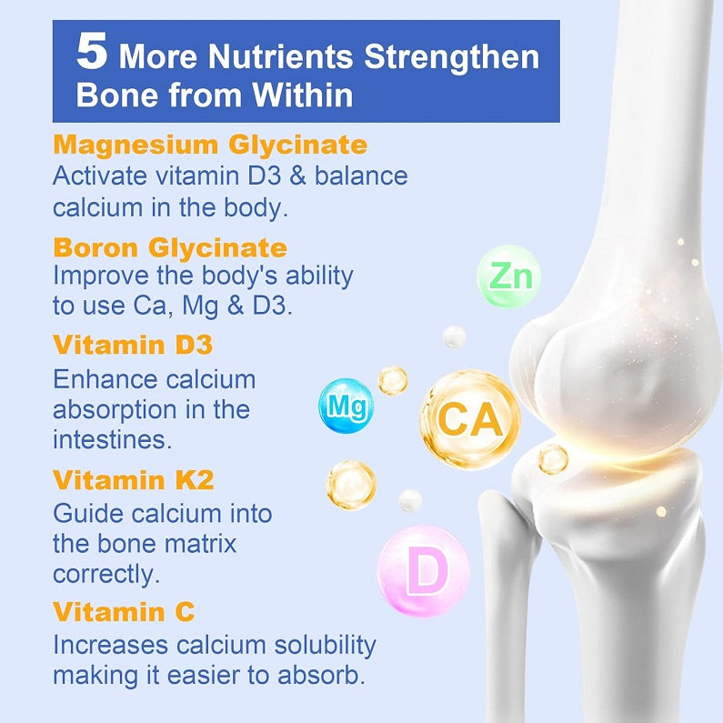 Bone nutrient supplement infographic with Ca, Mg, Vitamin D3, Vitamin K2 icons