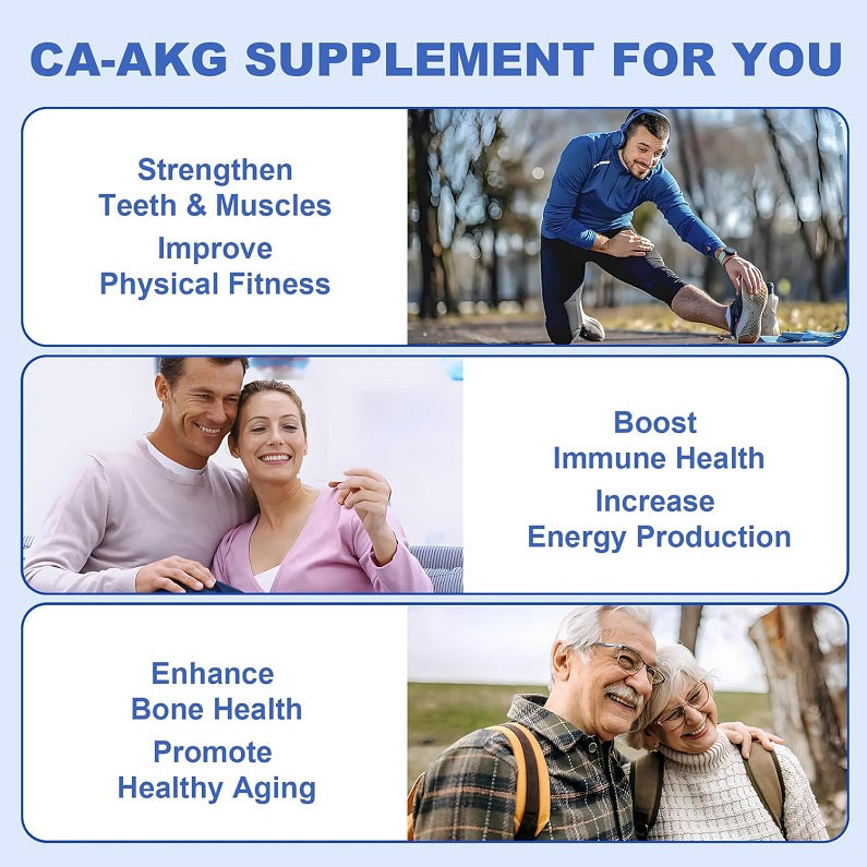 Ca-AKG supplement benefits infographic with athletes and family scenes