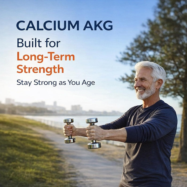 Calcium AKG supplement lifestyle photo with an older man holding dumbbells outdoors
