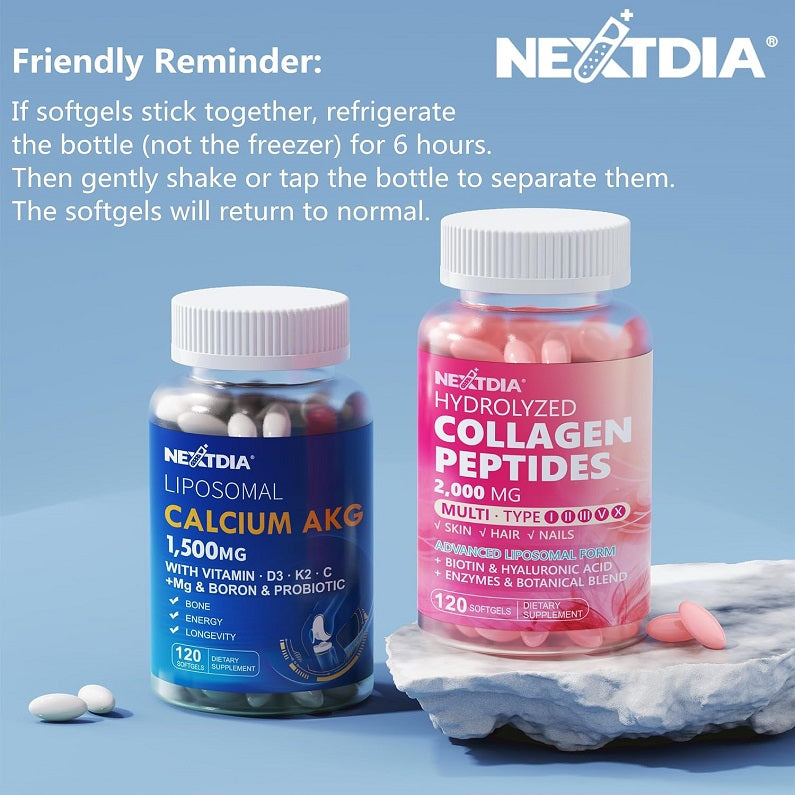 Two Nextdia softgel bottles: liposomal calcium AKG and hydrolyzed collagen peptides