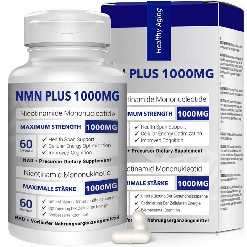 NMN Plus 1000mg supplement bottle with label and 60 capsules, NAD+ precursor
