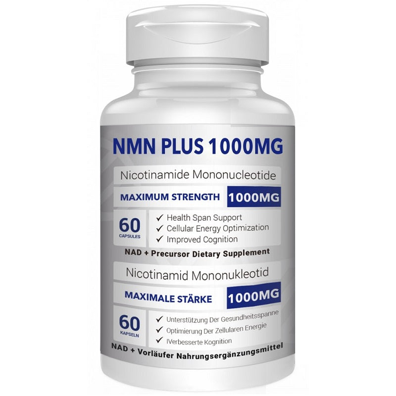 NMN Plus 1000mg nicotinamide mononucleotide supplement bottle, 60 capsules on label