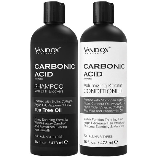 VANIDOX Carbonic Acid shampoo and volumizing keratin conditioner bottles, 473 ml each