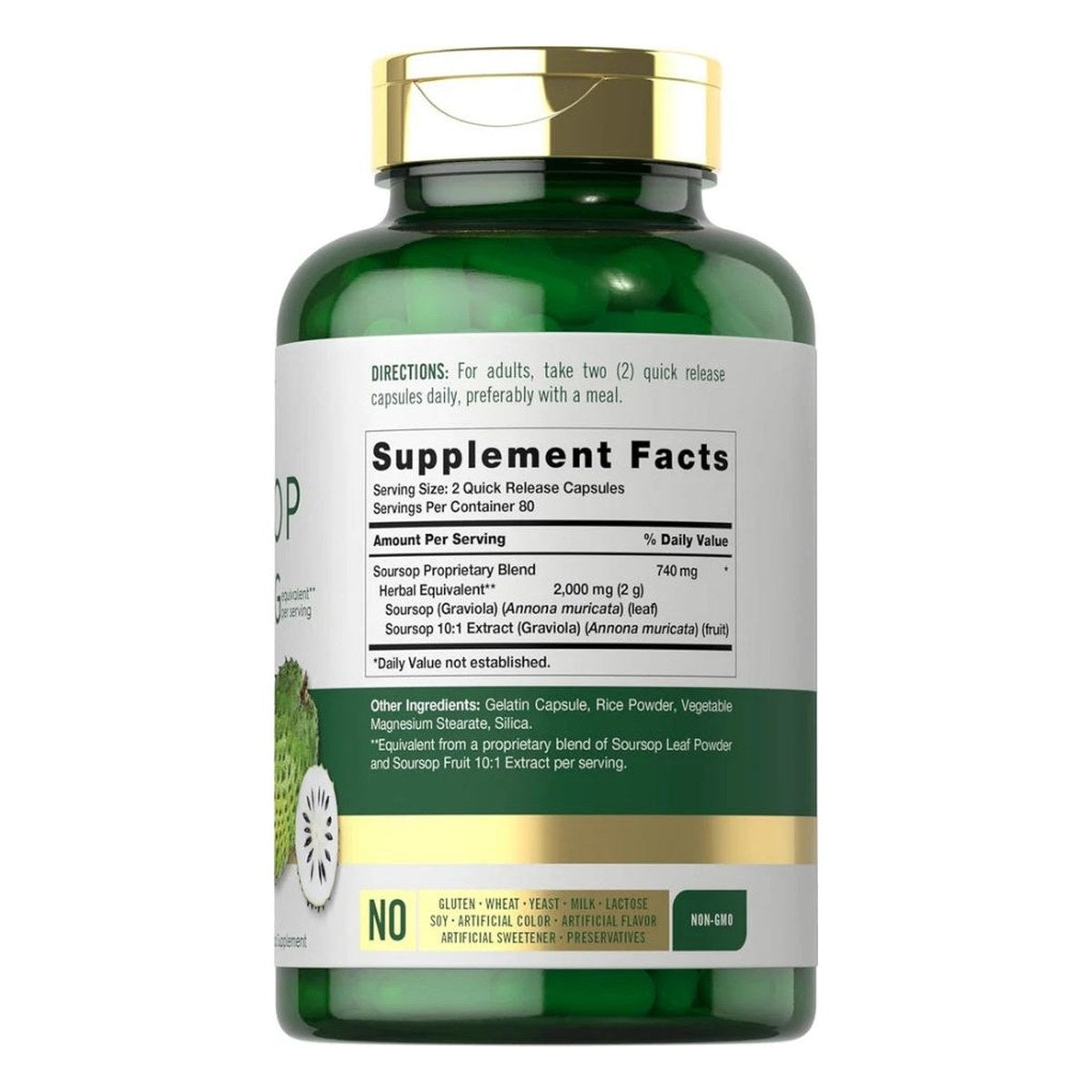 Carlyle soursop quick release capsules bottle, green label with Supplement Facts