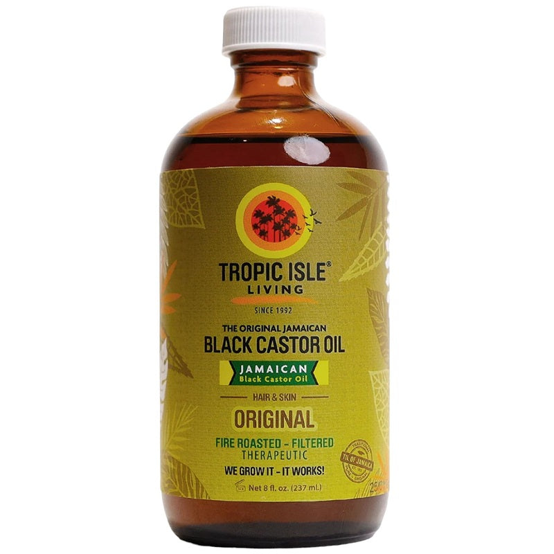 237 ml Jamaican black castor oil bottle with Tropic Isle Living label