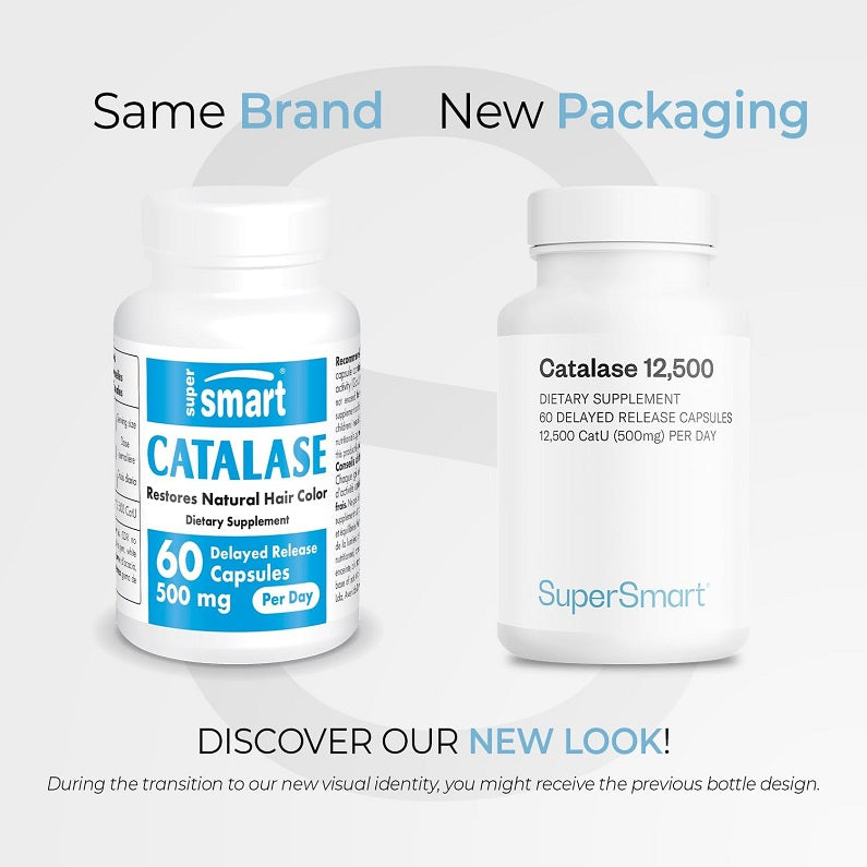 Catalase 12,500 supplement bottles showing same product with old and new packaging