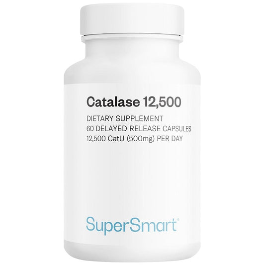 Catalase 12,500 dietary supplement bottle with 60 delayed-release capsules label