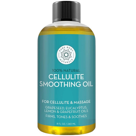 Cellulite smoothing oil bottle, teal label and black cap, 240 ml