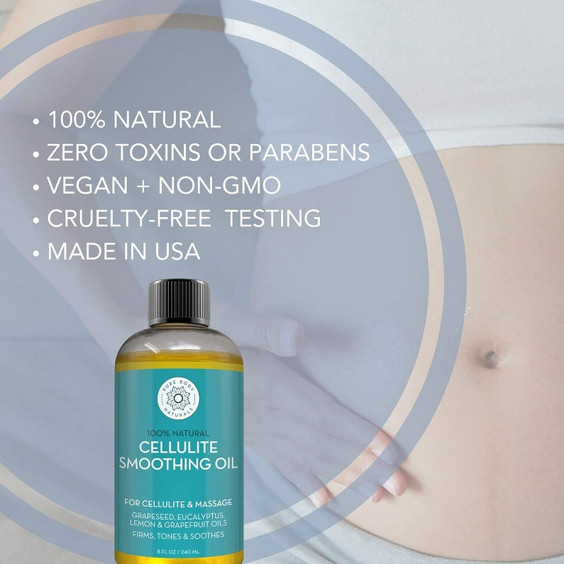 Cellulite smoothing oil bottle on skin, teal label and black cap, 240 ml