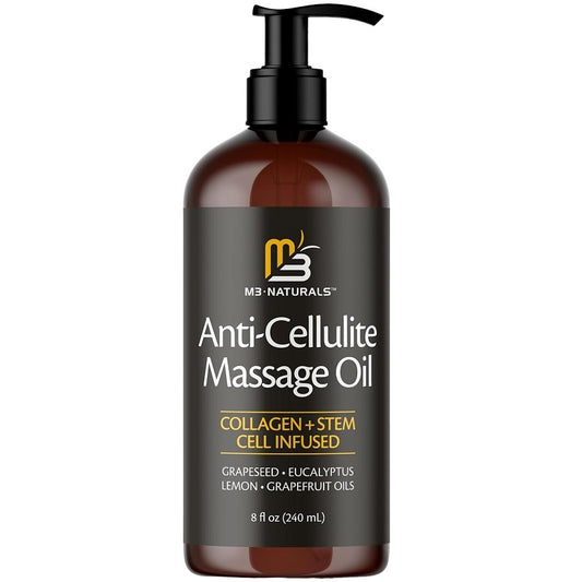 M3-Naturals Anti-Cellulite Massage Oil bottle with pump, collagen + stem cell label