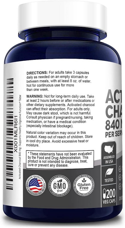 NusaPure activated charcoal 840 mg supplement bottle back label with directions