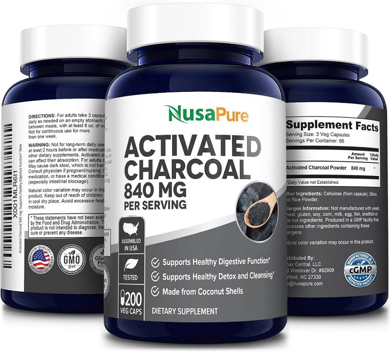 NusaPure activated charcoal 840 mg supplement bottles, front label view