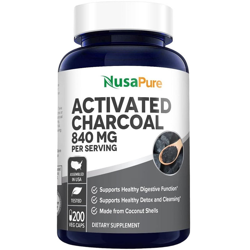 NusaPure activated charcoal 840 mg supplement bottle, 200 veg caps