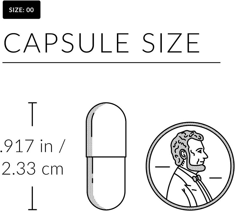 Activated charcoal capsule size chart with dimensions and seal graphic
