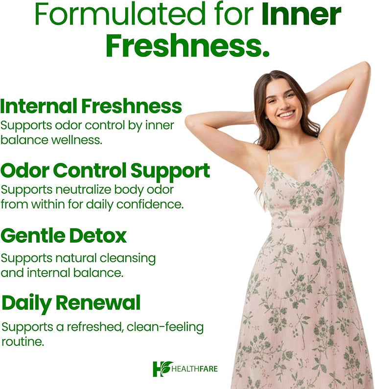 Chlorophyll capsules marketing panel with woman standing in floral dress