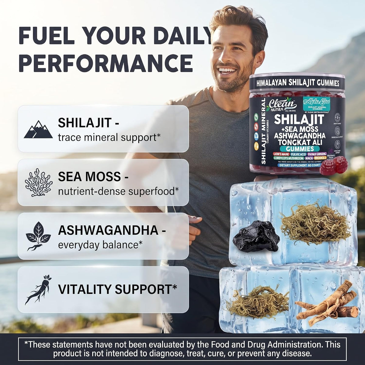 Shilajit sea moss gummies jar with red gummies and ingredient callouts