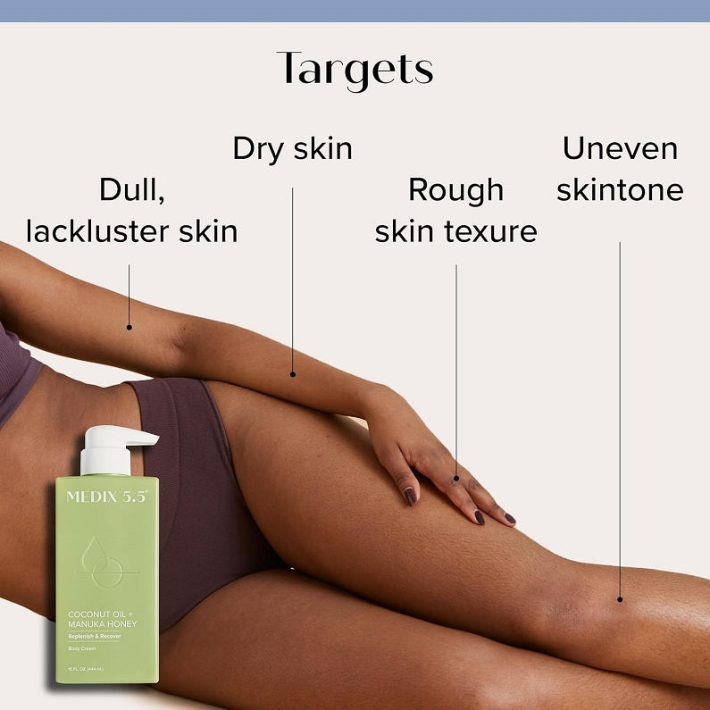 Medix 5.5 body cream bottle next to arm applying moisturizer